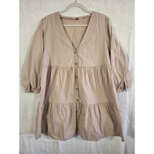 Women's 100% Cotton Babydoll Button Down Ruffle Beige Dress Size L Cottagecore